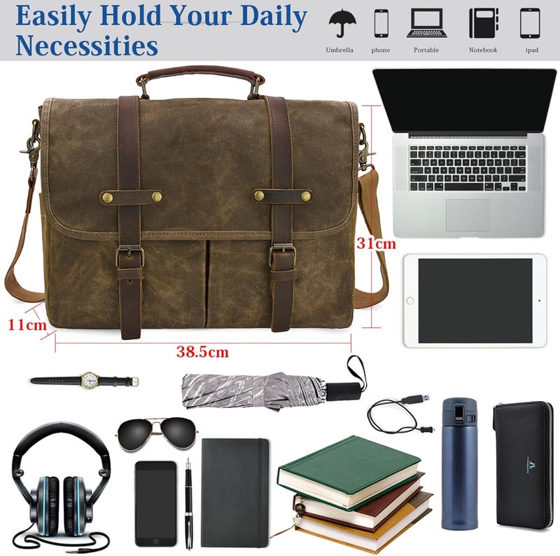 NEWHEY Mens Messenger Bag 15.6 Inch Waterproof Vintage Genuine Leather Waxed Canvas Briefcase Large Leather Computer Laptop Bag Rugged Satchel Shoulder Bag, Coffee - Image 3